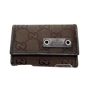 Authentic GUCCI GG Logo Nylon 4 Ring Key Case Brown w leather trim Made in Italy